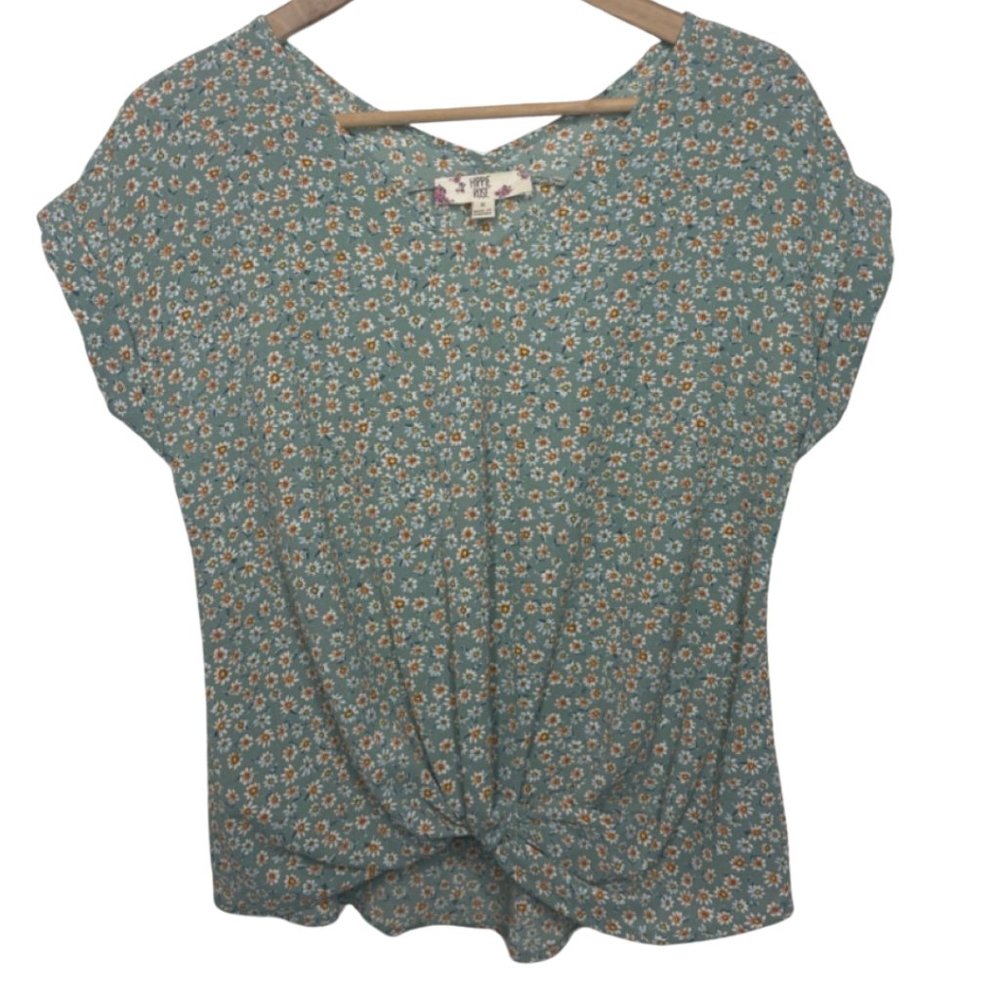 HIPPIE ROSE | Green Floral Print Short Sleeve with Front Knot | Size S